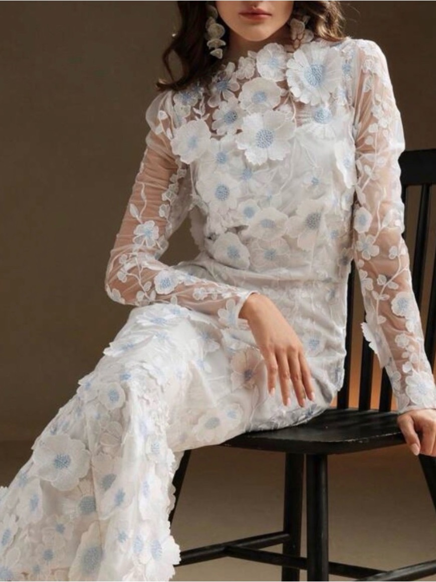 New W/ Tags! Daisy Blue & White Floral Appliqu Embroidered Formal Dress, Size L
